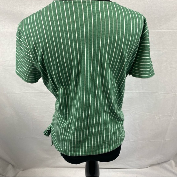 LOFT  Faux Wrapped Striped V-Neckline Short Sleeve Wrap Blouse Small Green White - Picture 4 of 7